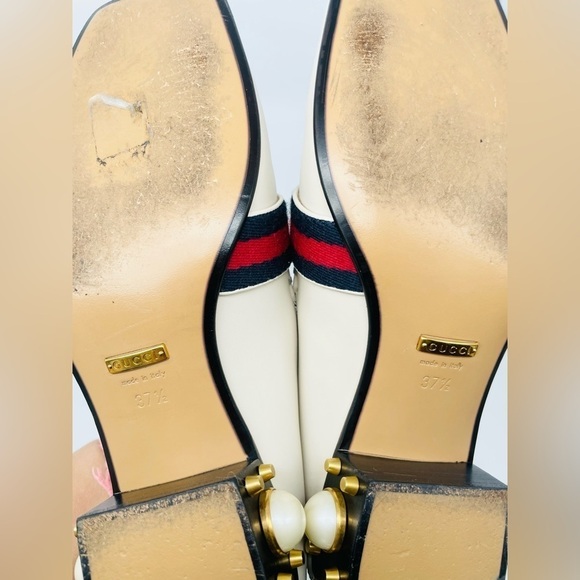 GUCCI Peyton Pearl GG Embellished Web White Cream Leather low heel loafers 37.5 - Picture 11 of 12